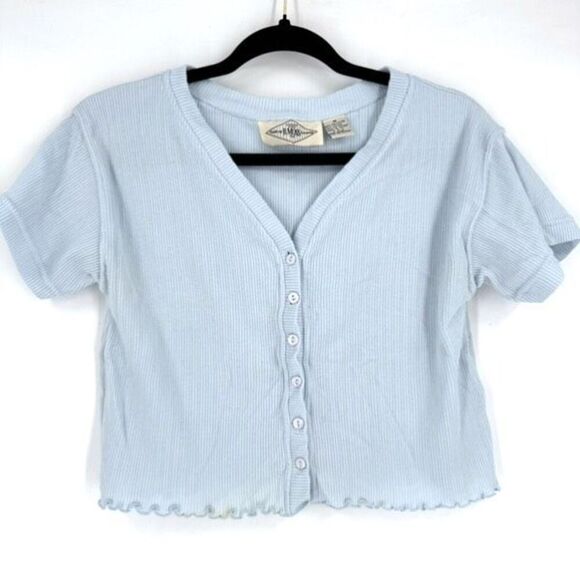 Y2K B. Moss Ribbed Henley Lettuce Trim Crop Shirt Pink & Blue Medium Baby Tee - Picture 7 of 16